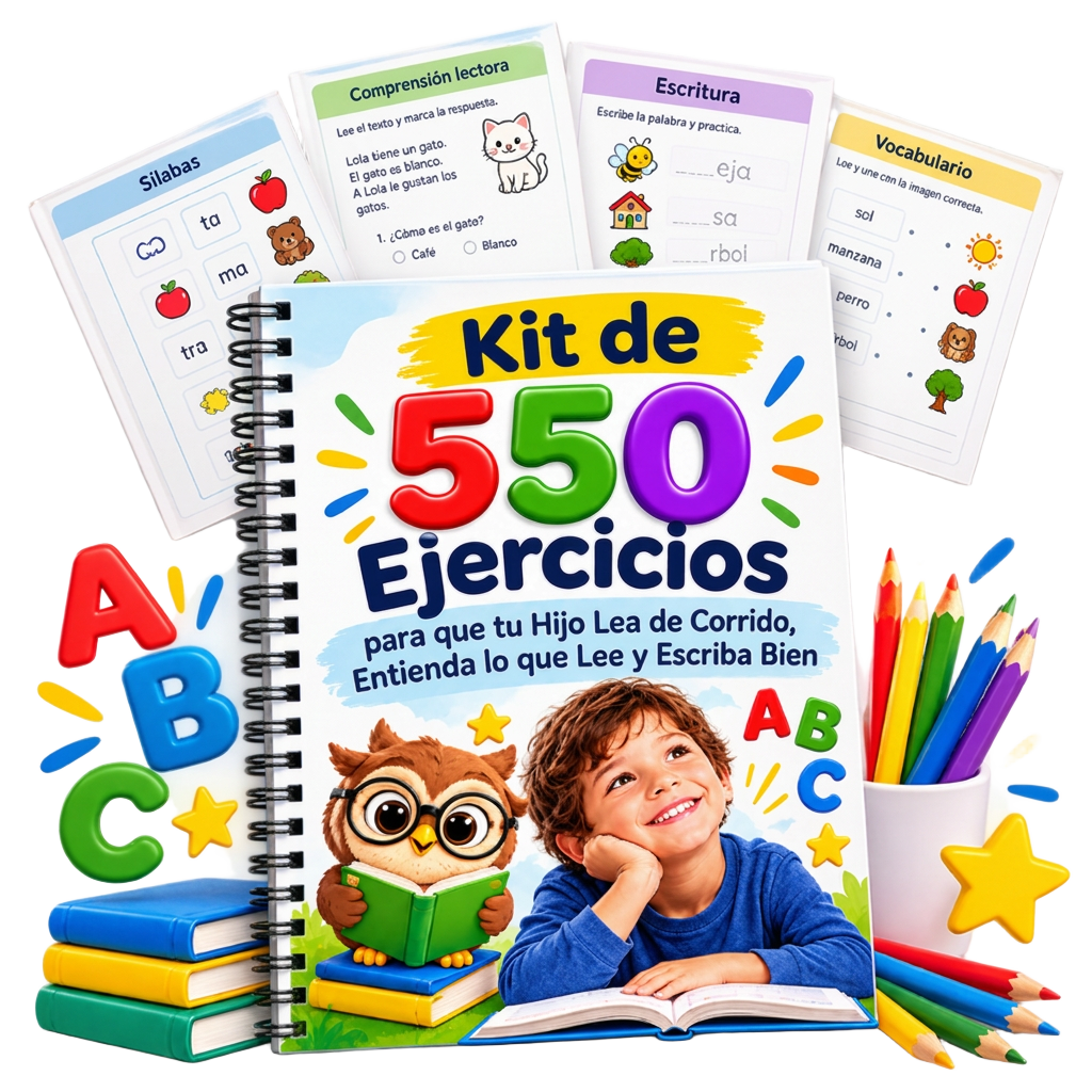 Kit de 550 Ejercicios: cuaderno con un niño y un búho leyendo, hojas de sílabas, comprensión, escritura y vocabulario, lápices de colores y letras ABC